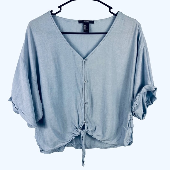 Forever 21 Tops - Forever 21 Blue Chiffon Button Down Crop Top Short Sleeve Size Small V Neck